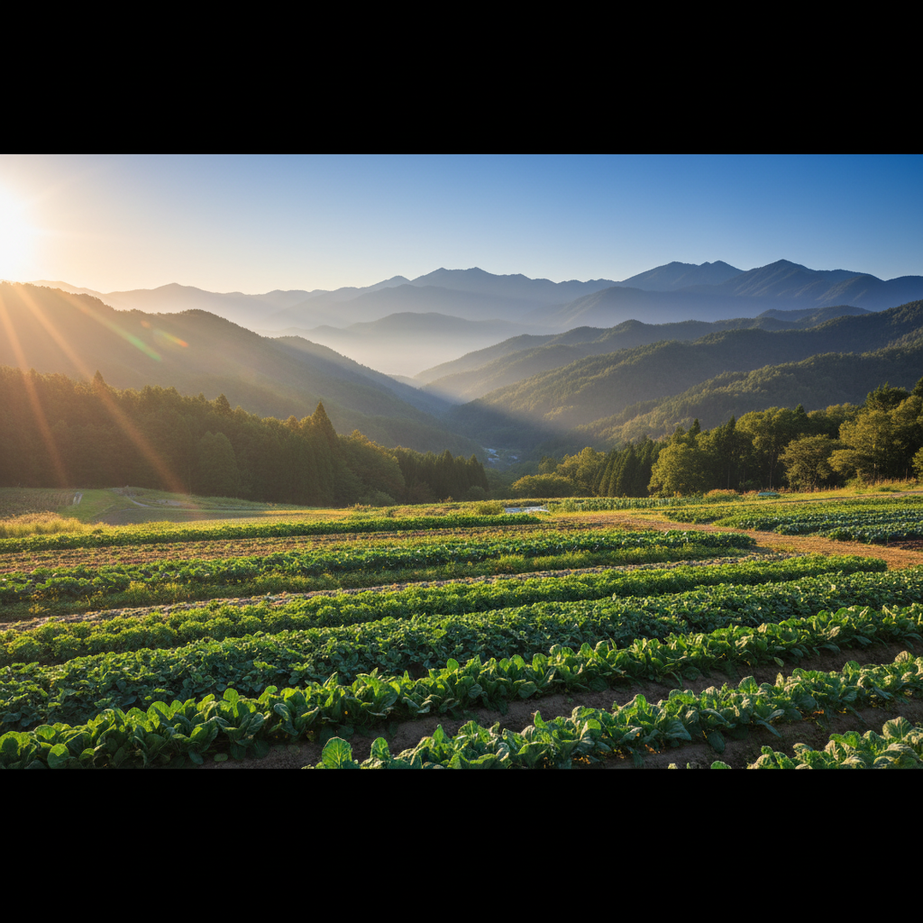 やわらかな夕日の光が山あいの野菜畑を照らす風景